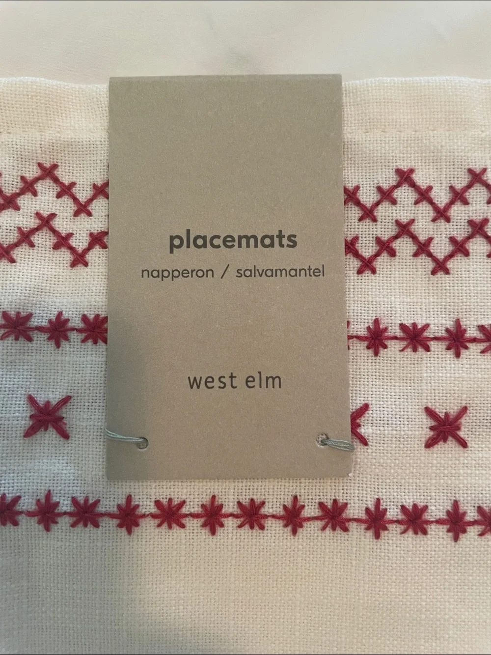 NWT West Elm Embroidered Cream Placemat with Red Cross-Stitch Trim