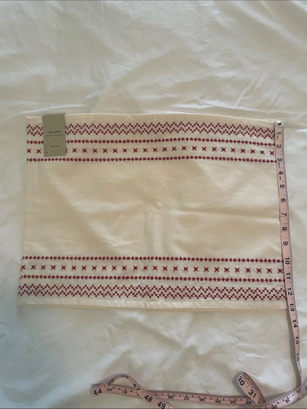 NWT West Elm Embroidered Cream Placemat with Red Cross-Stitch Trim