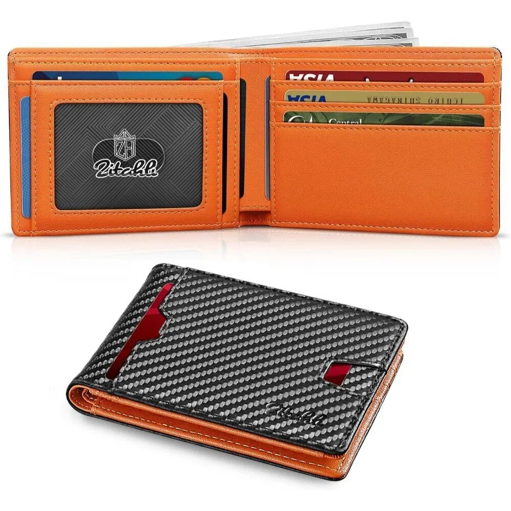 Men's Black Orange Premium Vegan Leather Wallet Slim Blocking Credit Card Design