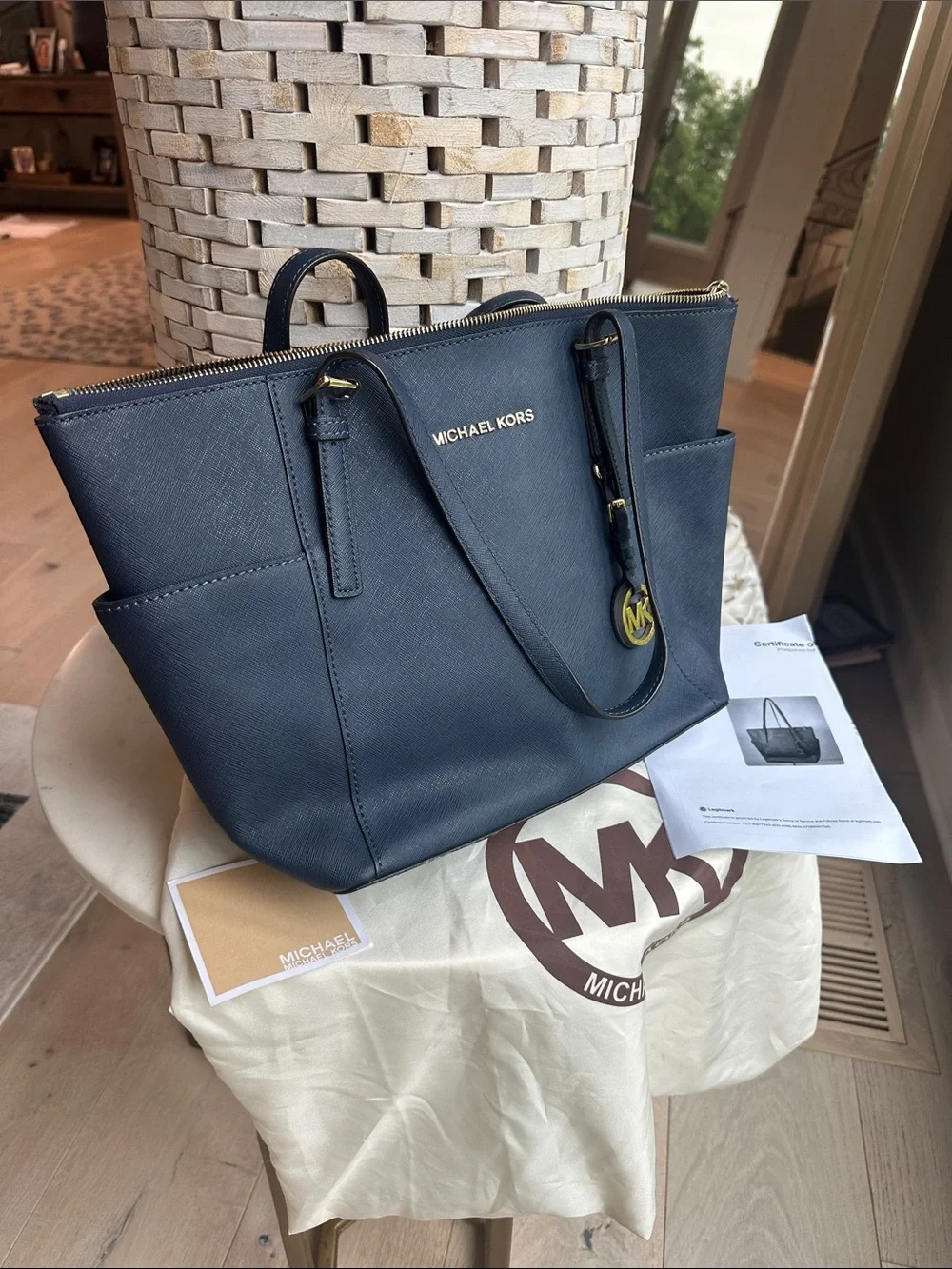 Michael Kors Navy Saffiano Tote with Gold Hardware