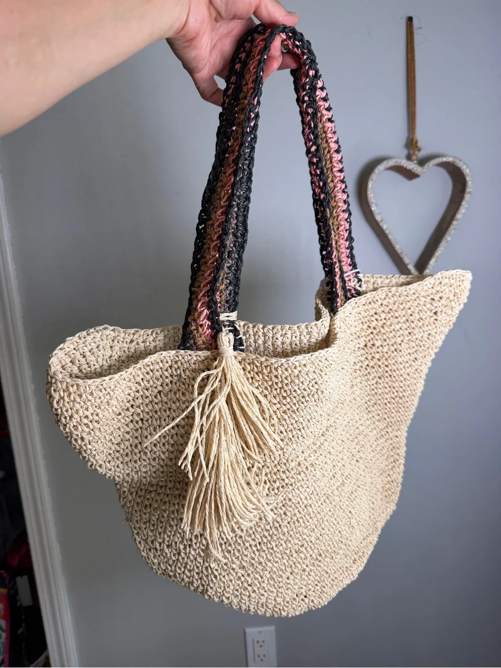 Haute Hippie Style Straw Knit Tote Bag Tassel Boho Beach Summer Shoulder Bag