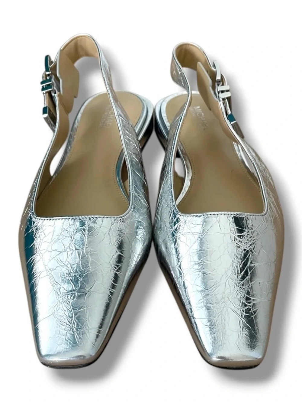Michael Kors Silver Slingback Flats 7.5M Metallic Crackle Leather Pointed Toe