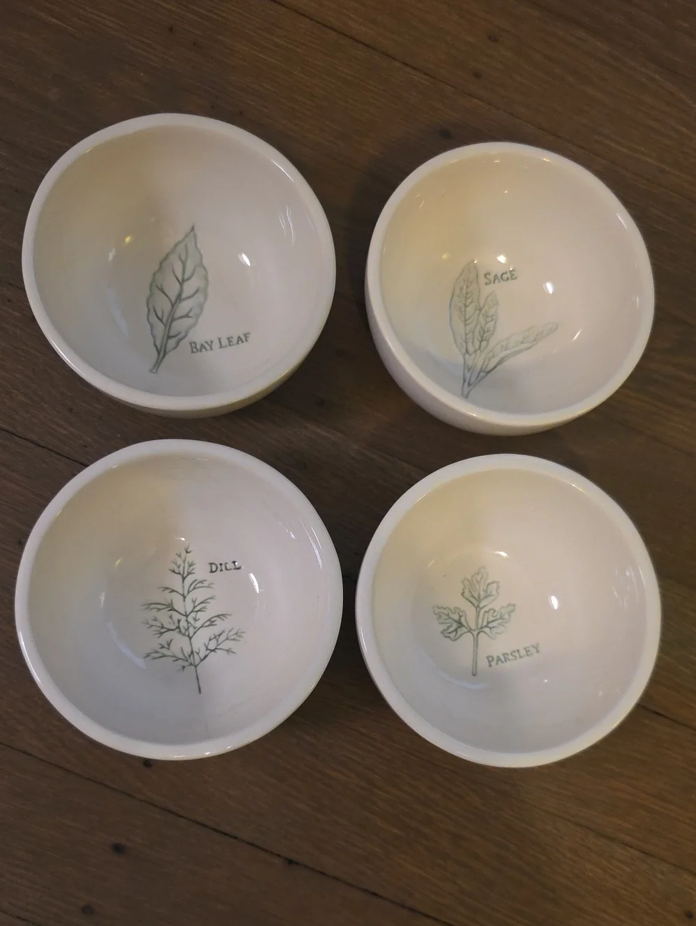 Williams Sonoma White Herb Dipping Bowls with Green Leaf Illustrations Set Of 4