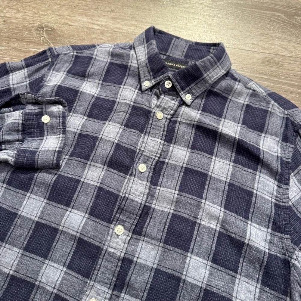 Banana Republic Shirt Mens Medium Blue Plaid Long Sleeve‎ Slim Fit 100% Cotton