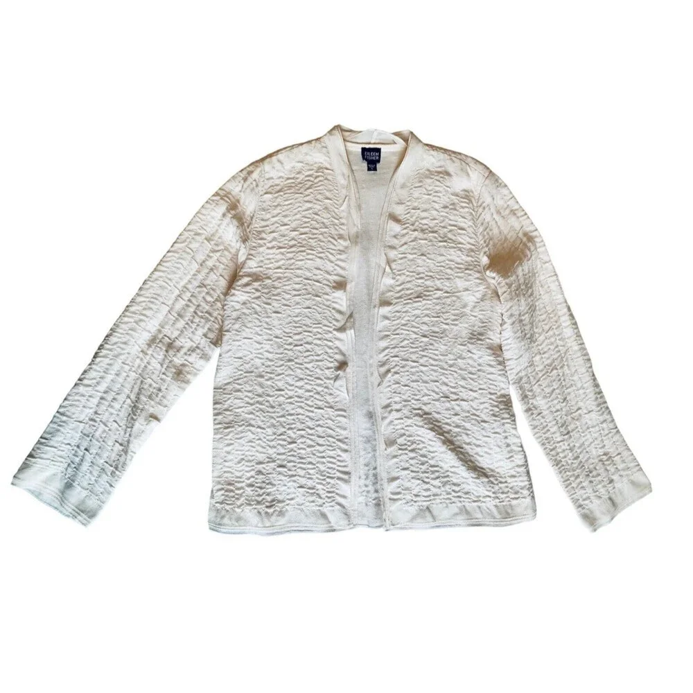 Eileen Fisher High Collar Crinkled Silk Open Jacket Ivory White Sz Small