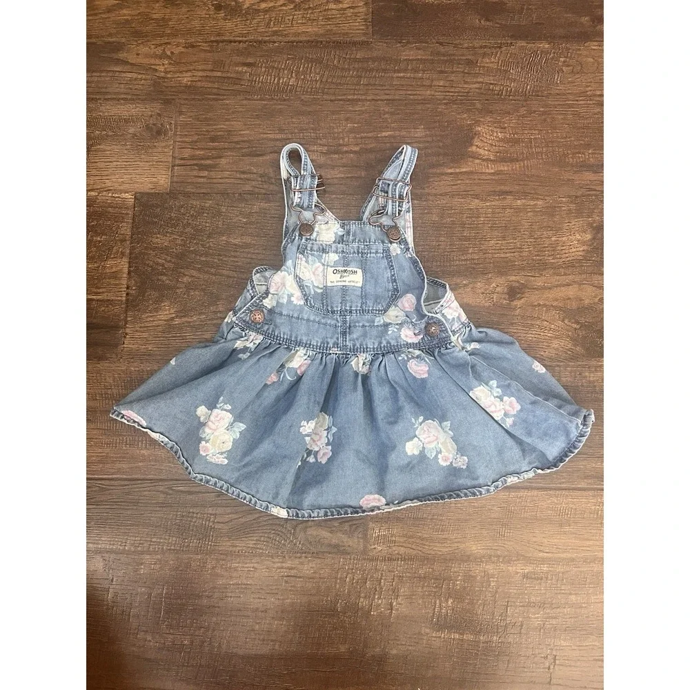 OshKosh B'Gosh‎ Girls Size 12 Months Floral Vestbak Denim Overall Dress