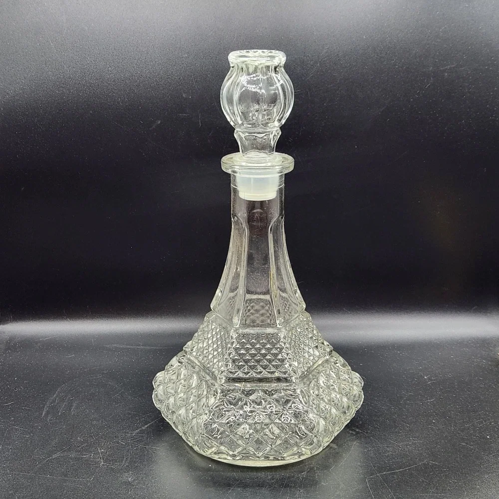Vintage Clear Pressed Glass Decanter Diamond Point Pattern with Stopper
