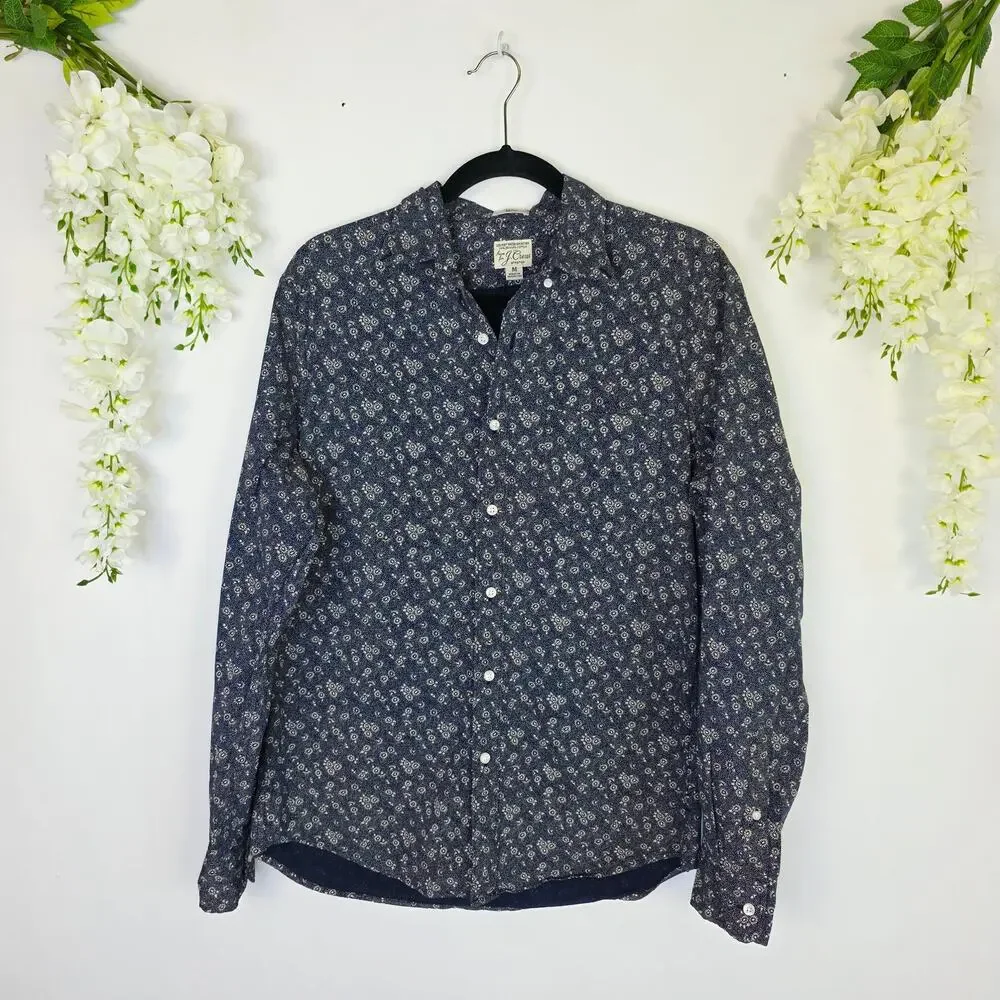J.Crew Secret Wash Shirt Slim Medium Blue Floral Organic Cotton Preppy Long Slee