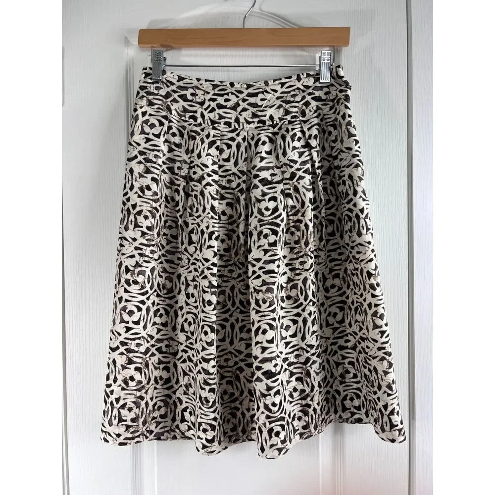Banana Republic Women's Silk Pleated Skirt Brown Cream Print Size 2