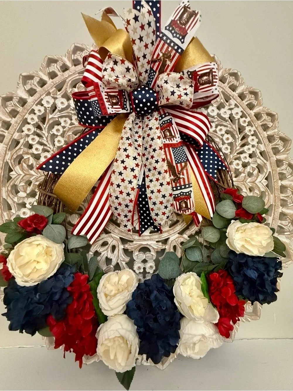 Patriotic Red, White & Blue Holiday Wreath with Gold Accents