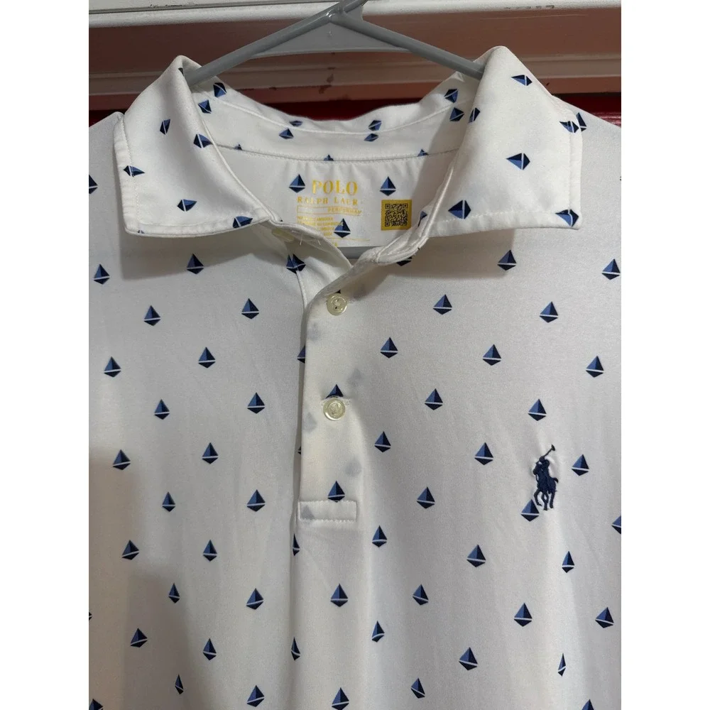 Polo Ralph Lauren Mens Performance Sailboat Print Polo Shirt White Blue Large