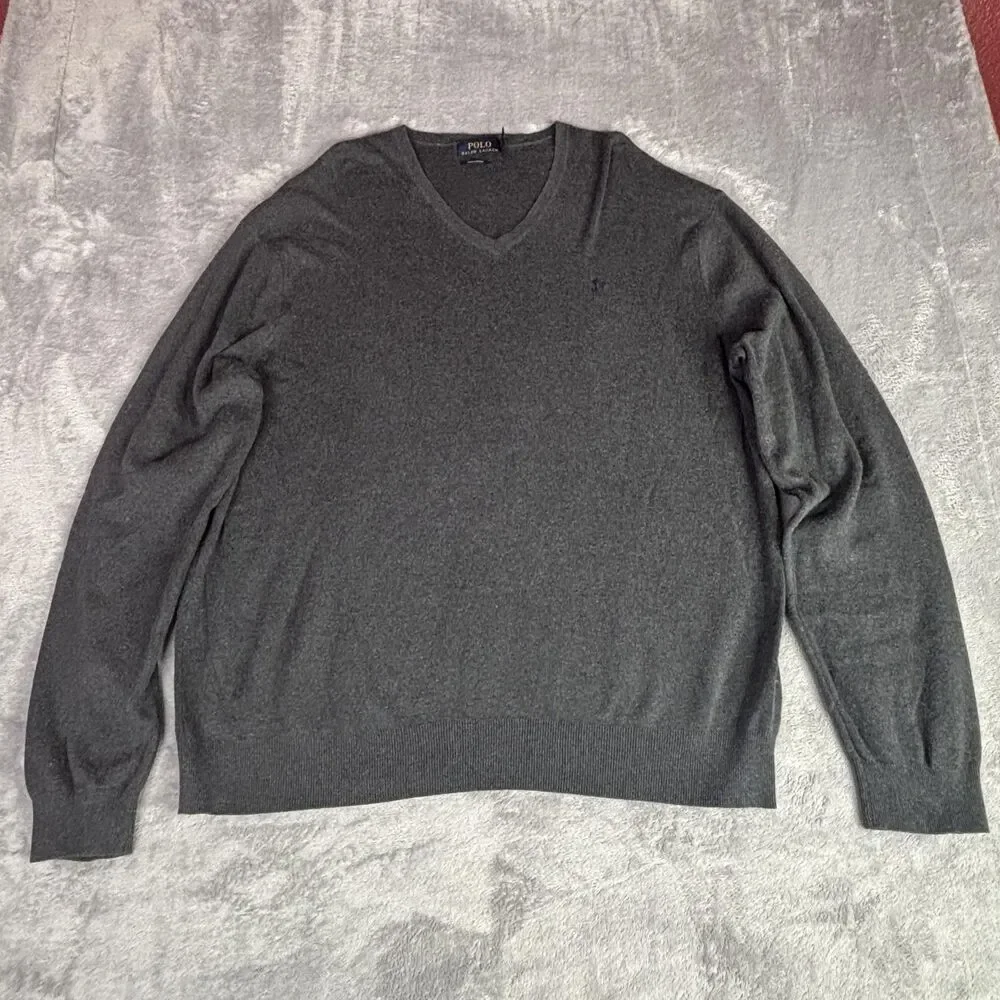 Polo Ralph Lauren Sweater Mens 2XL Gray‎ V Neck Pima Cotton Pullover Pony