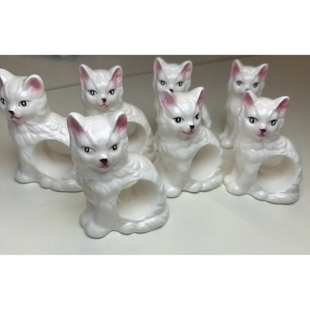 Abbott Kitten/Cat/Kitty Napkin Rings Set Of 7 Vintage 80's Porcelain, Ceramic