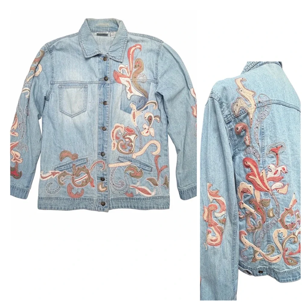 Y2K Chicos Embroidered Cotton Denim Medium‎ Women Jacket Boho Artsy Festival