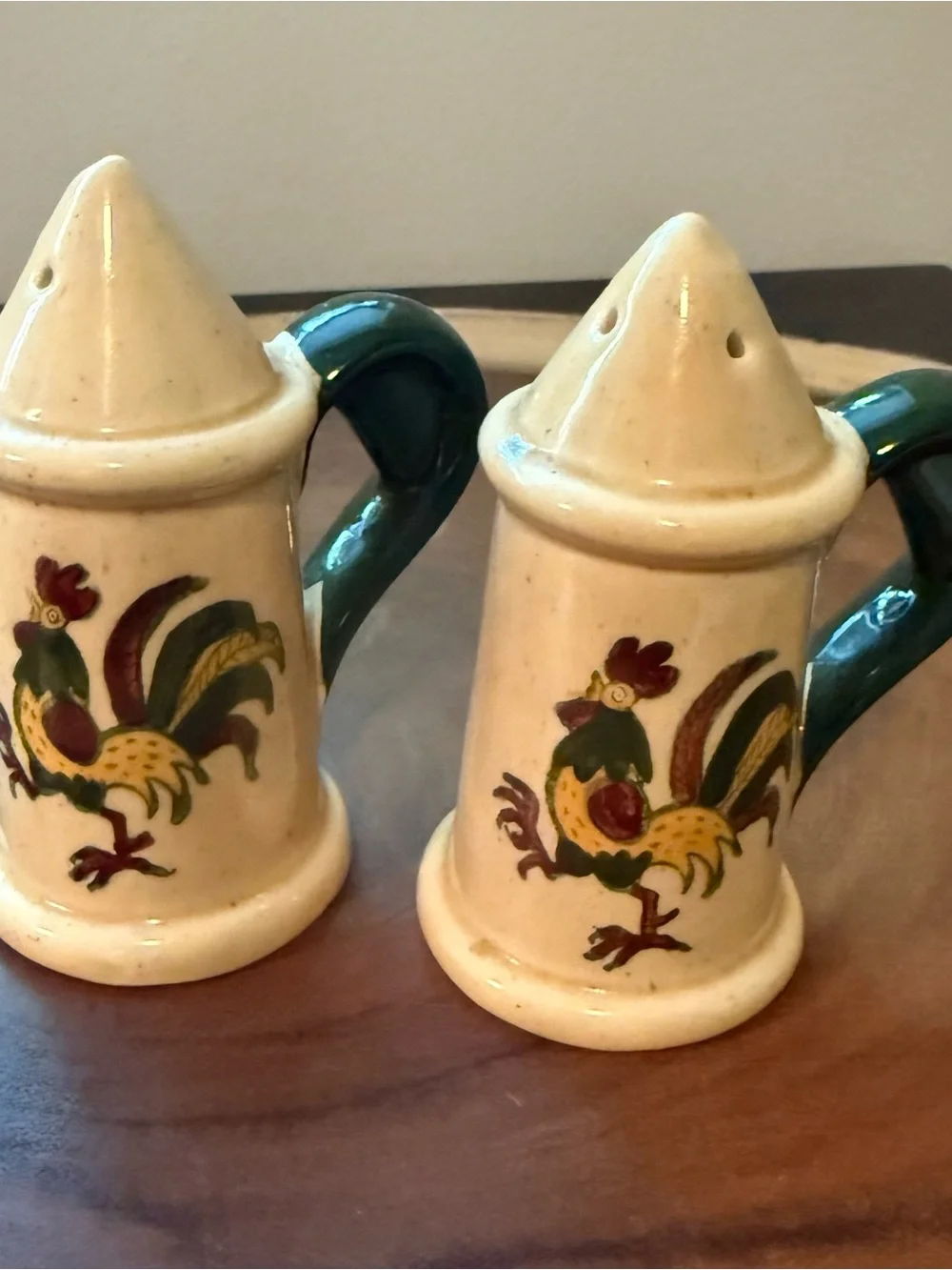 Farmhouse Cream Ceramic Rooster Salt & Pepper Shaker Set with Green Handles -