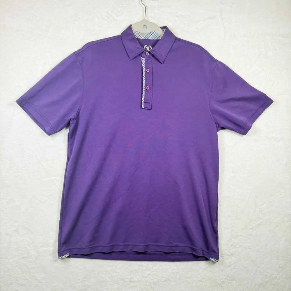 Bugatchi Uomo Polo Shirt M Purple Modal Blend Plaid Trim 3 Button Stretch