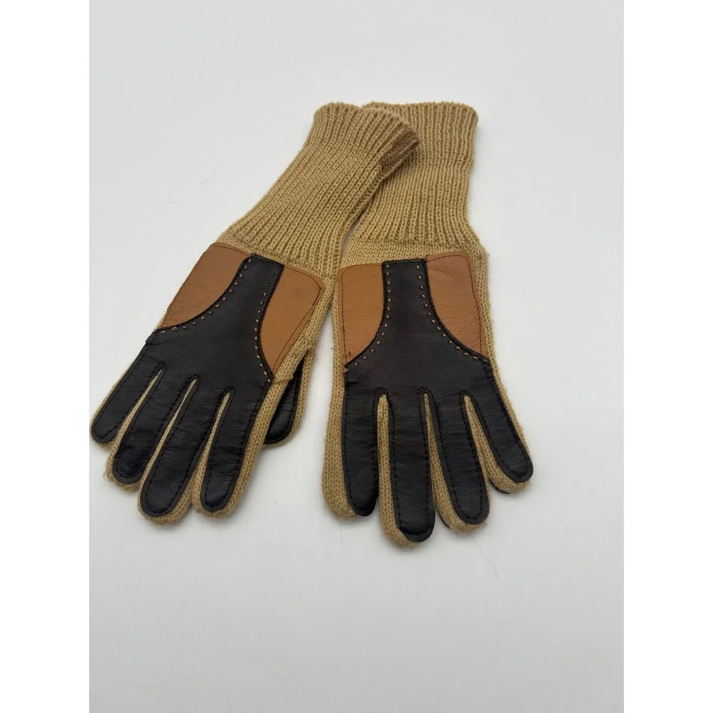 Vintage‎ Leather Knit Back Driving Gloves Brown/Tan Workwear Ranch Unisex