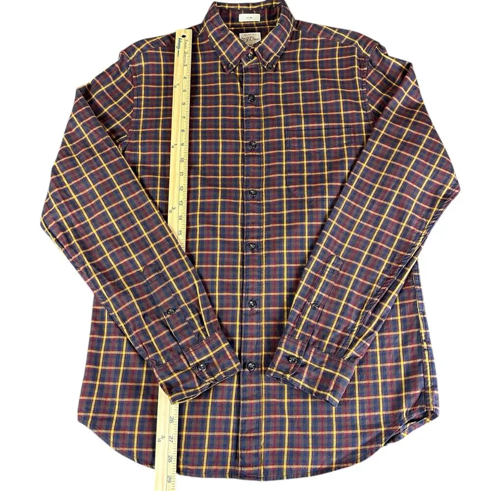 J.Crew Slim Men Shirt Size M Brown Blue Red Yellow Brushed Twill Plaid Button Up