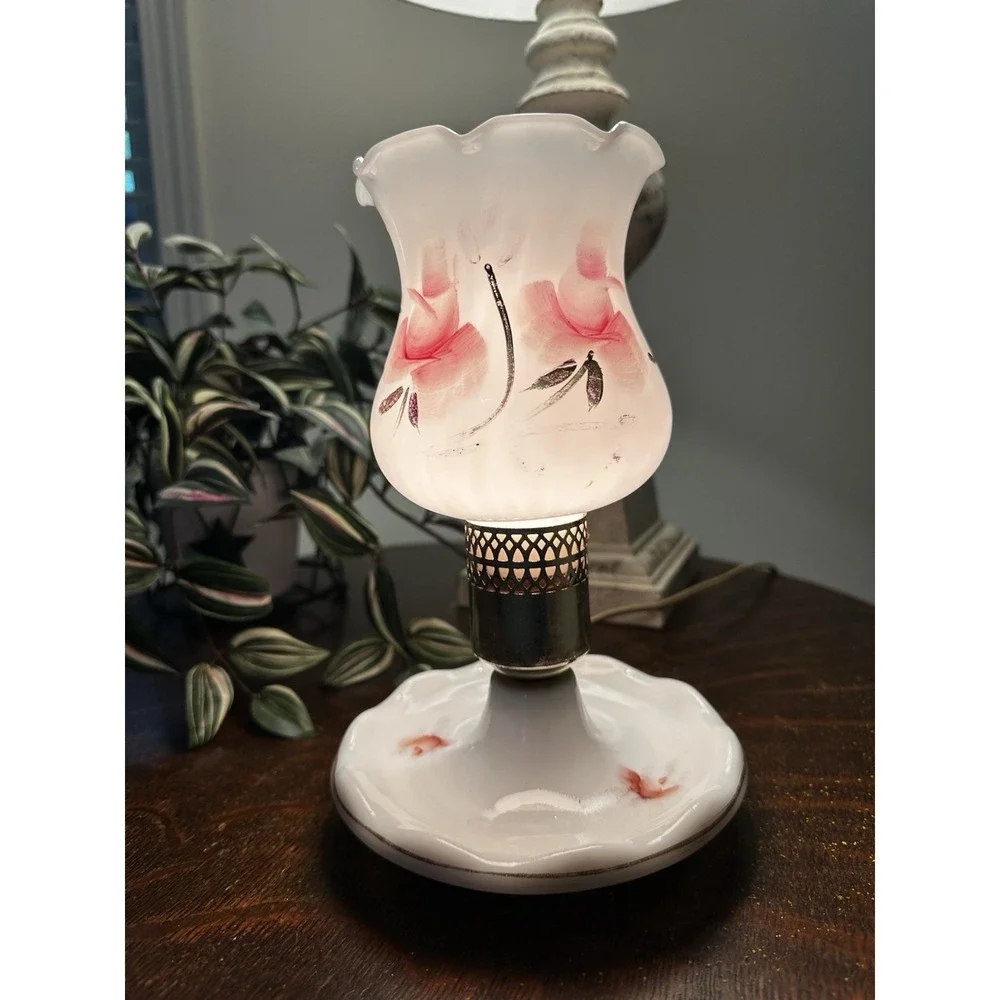 Vintage Hurricane White Milk Lamp With Pink Flower - Still In Working Condition