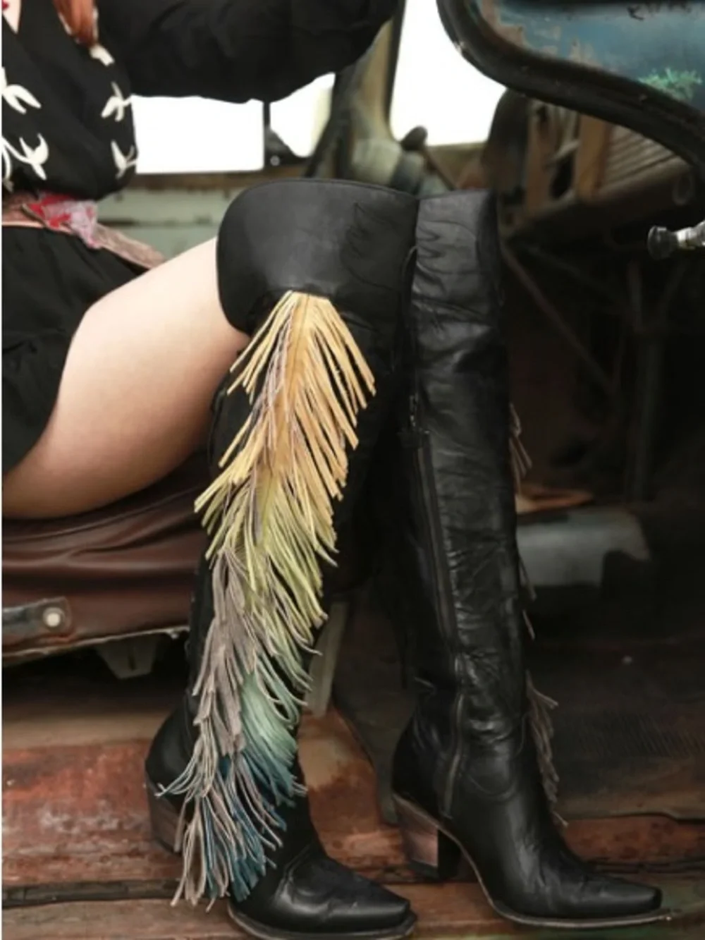 Junk Gypsy Spirit Animal Over-the-Knee Leather Boots with Ombré Fringe