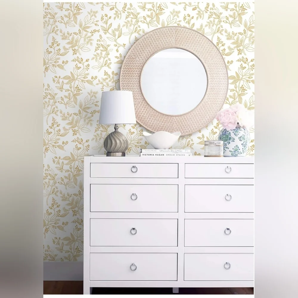 4‎ Rolls Floral Wallpaper Peel and Stick White and Gold Contact Paper Modern