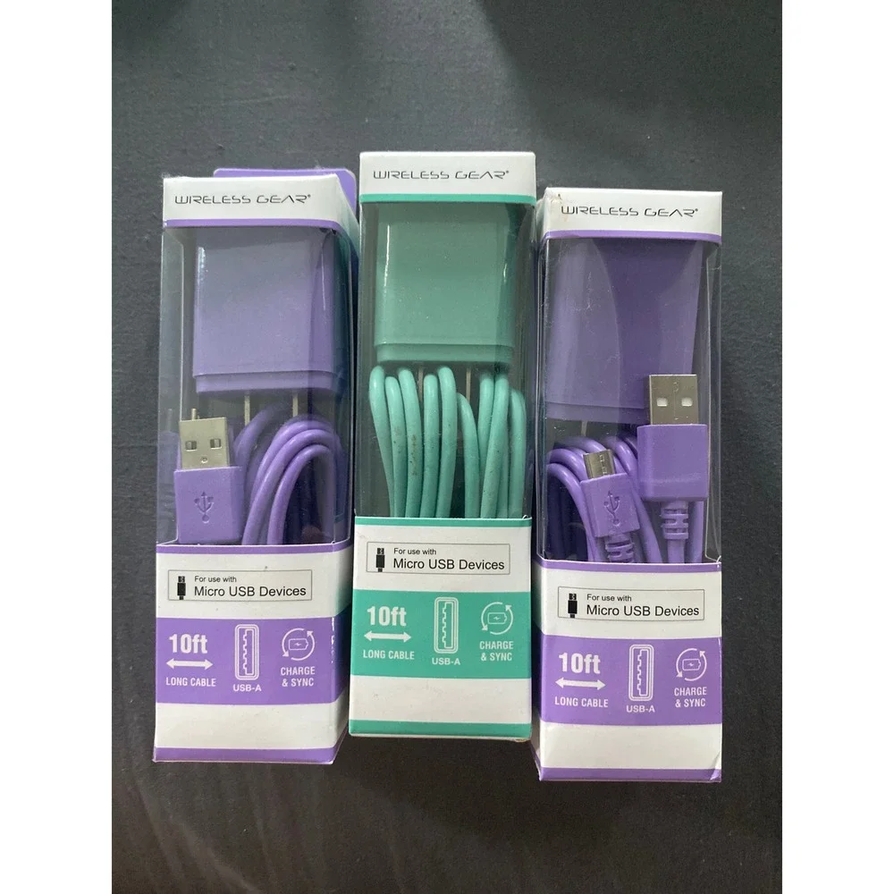 Wireless Gear 10ft Micro USB Cable & Wall Charger Lot 3 Purple Teal BL BL