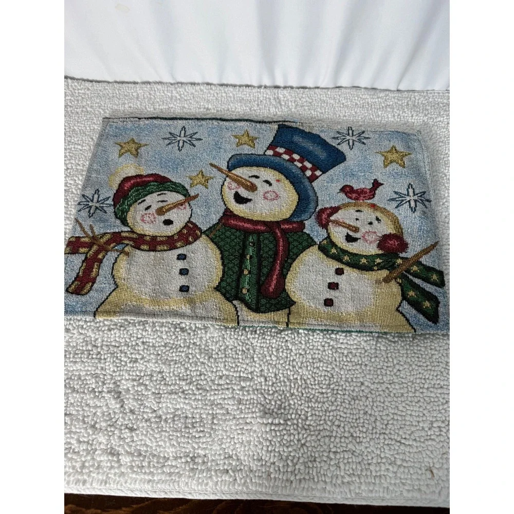 VTG Winter Snowman Tapestry Table Runner & Pot Holder Set Christmas Holiday 5 pc