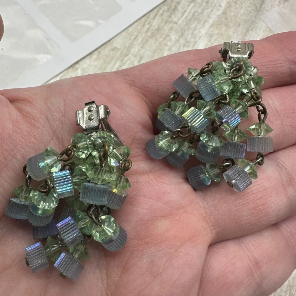 Vintage Clip On Earrings‎ Blue Glass Beaded Dangle Old Hollywood Glam Estate