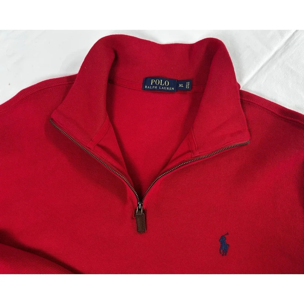 Polo Ralph Lauren Men's XL Red Cotton Tight Knit Mock‎ Neck Quarter Zip Pullover