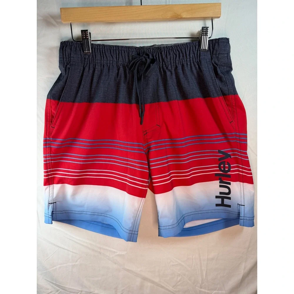 Hurley Mens Colorblock Board Shorts Red White Blue Ombre Swim Trunks Size Medium