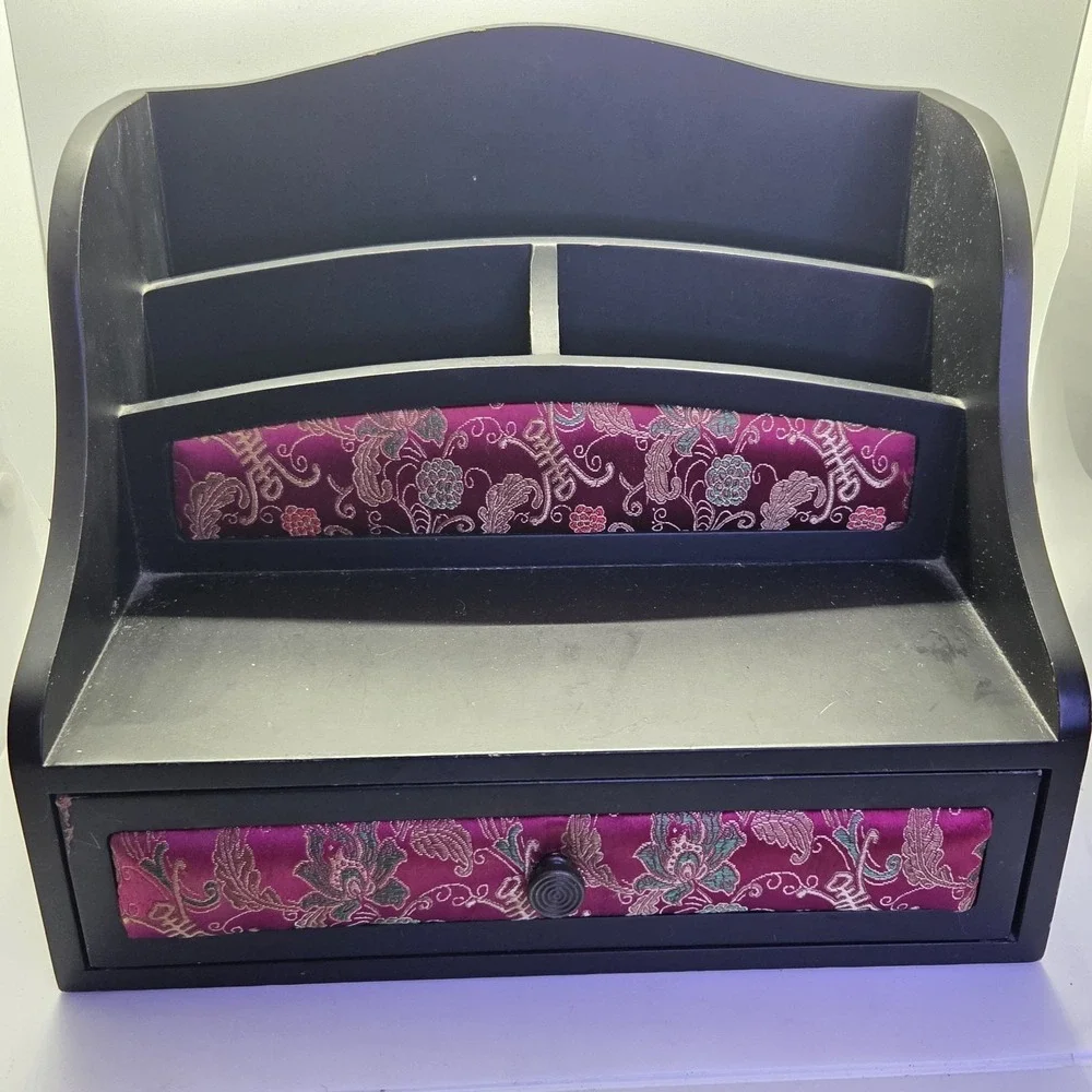Vintage Asian Style‎ EHI Black Desk Organizer Purple Brocade Fabric Drawer...
