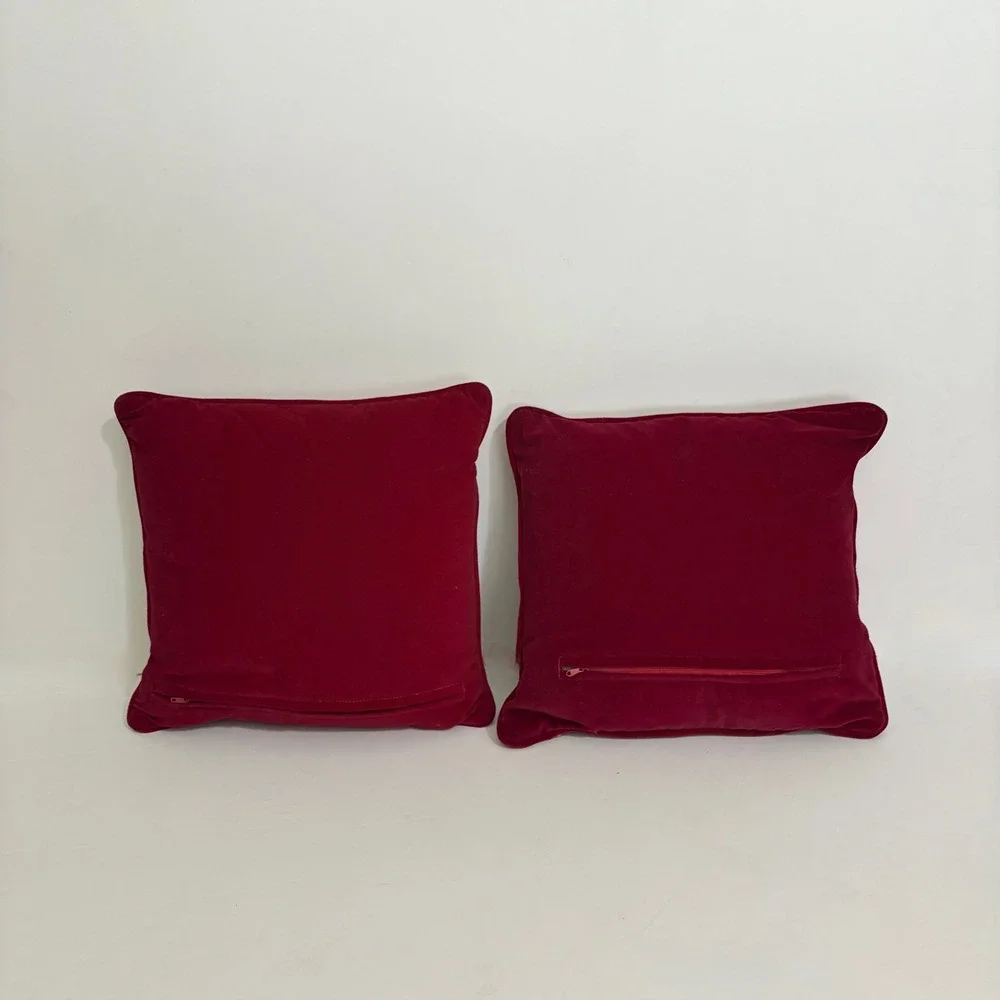 Vintage NEEDLEPOINT Wool Velvet Red Floral Accent Decorative Pillows Home Decor