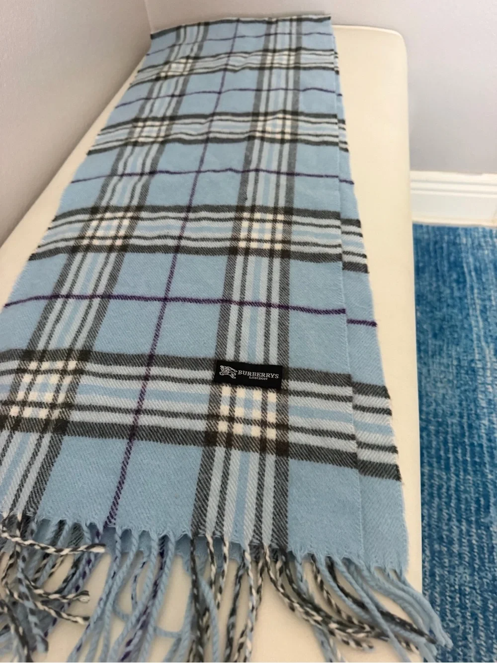 Vintage Burberrys London Light Blue Nova Check Fringe Scarf