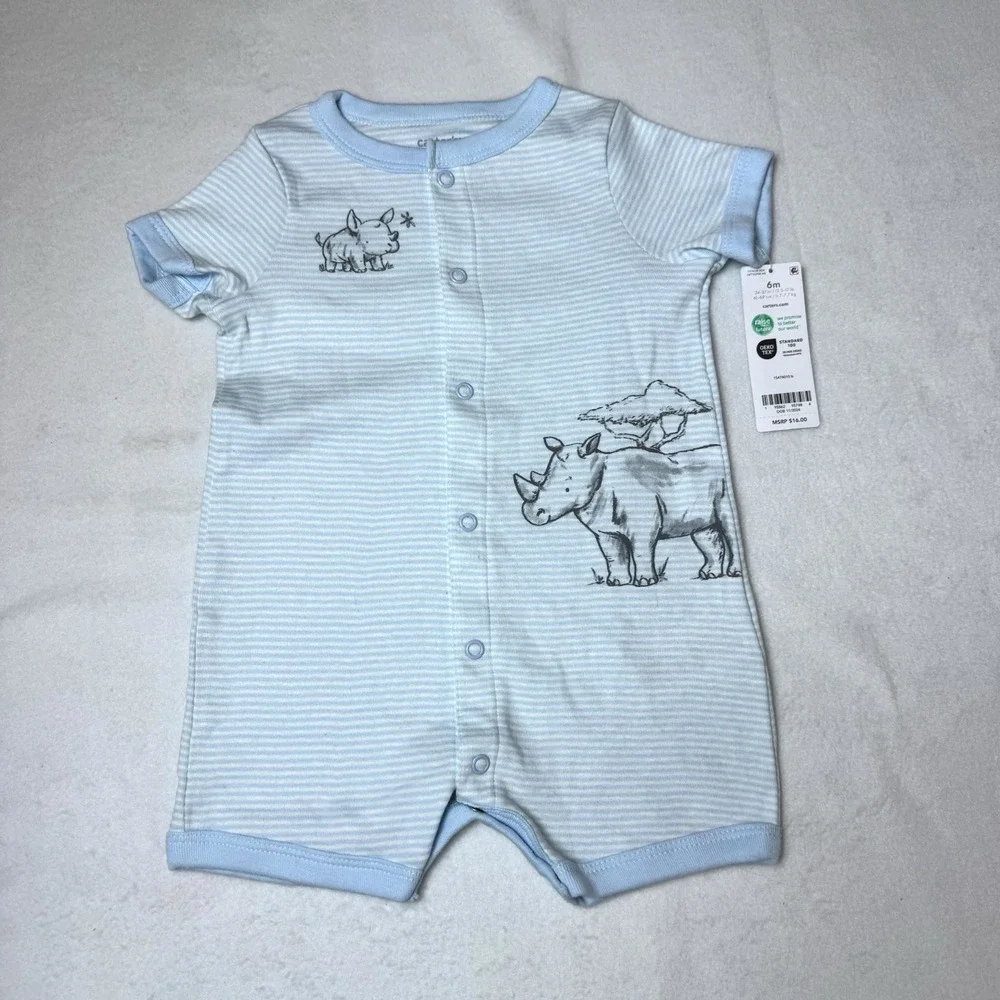 New Carters Rhino Baby Romper 6 Months Blue Striped One Piece Rhinoceros Cotton