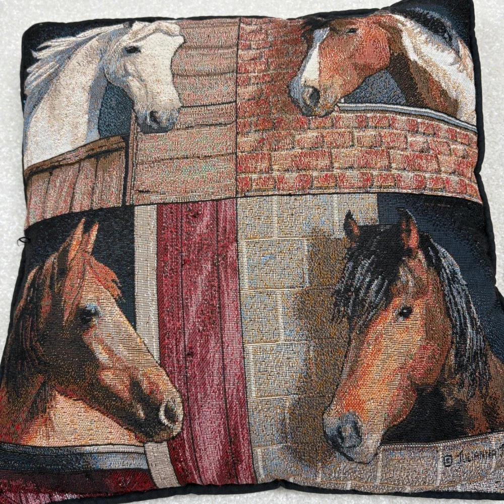Julianna James Horse‎ Tapestry Throw Pillow Vtg 16x16 Equestrian Decor Black