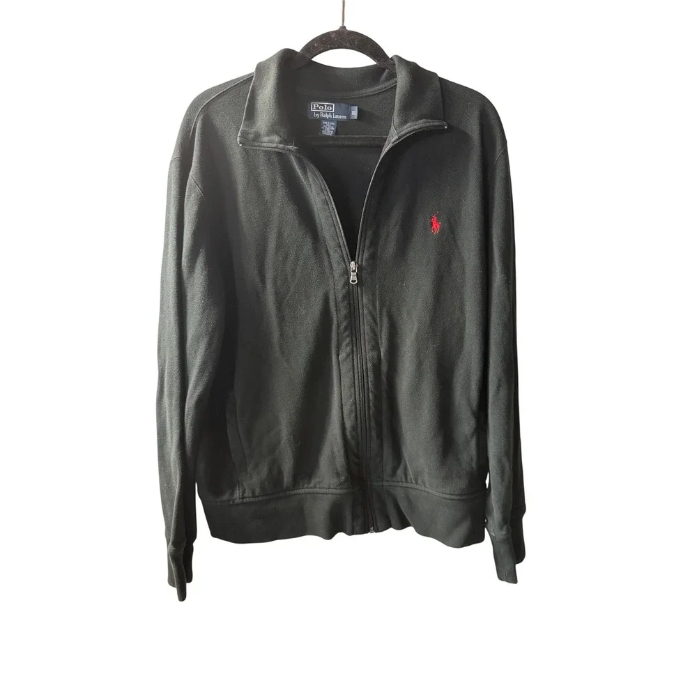 Polo Ralph Lauren Mens XL Black Full Zip Pique Track‎ Jacket Red Pony Logo