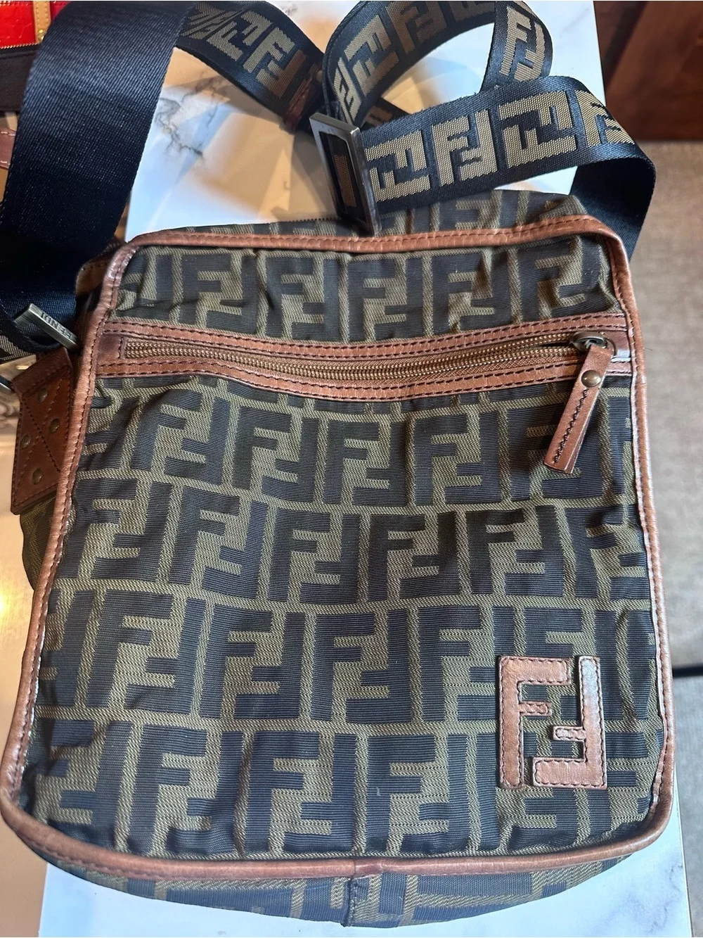 Vintage Fendi Zucca FF Messenger Crossbody Bag with Logo Strap