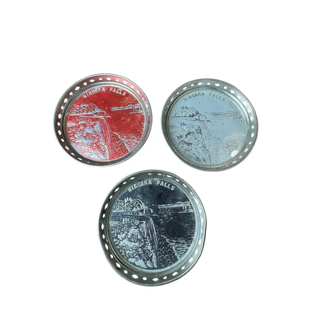Three Vintage Metal & Glass Souvenir Coasters Niagara Falls MCM Red White Black