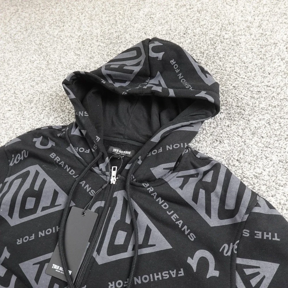 NEW True Religion Hoodie Mens L Black Horseshoe Logo Full‎ Zip Sweatshirt Jacket
