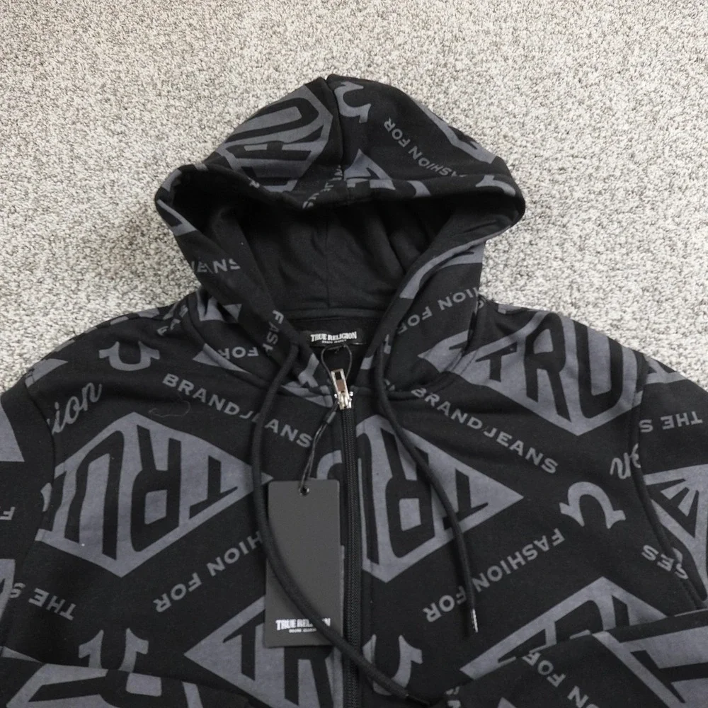 NEW True Religion Hoodie Mens L Black Horseshoe Logo Full‎ Zip Sweatshirt Jacket