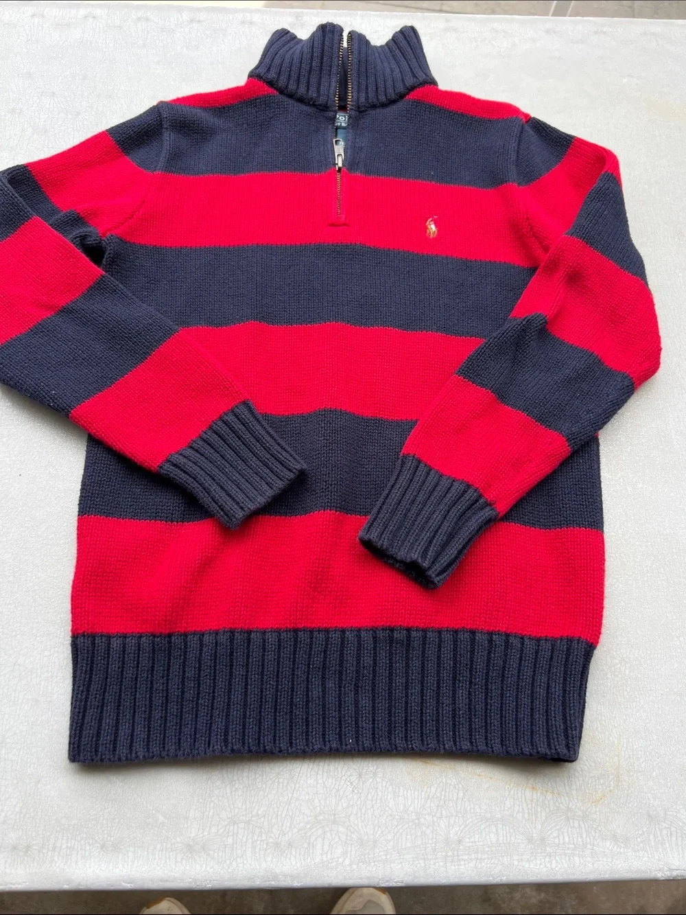 Ralph Lauren kids Red & Navy Striped Half-Zip Sweater 10-12