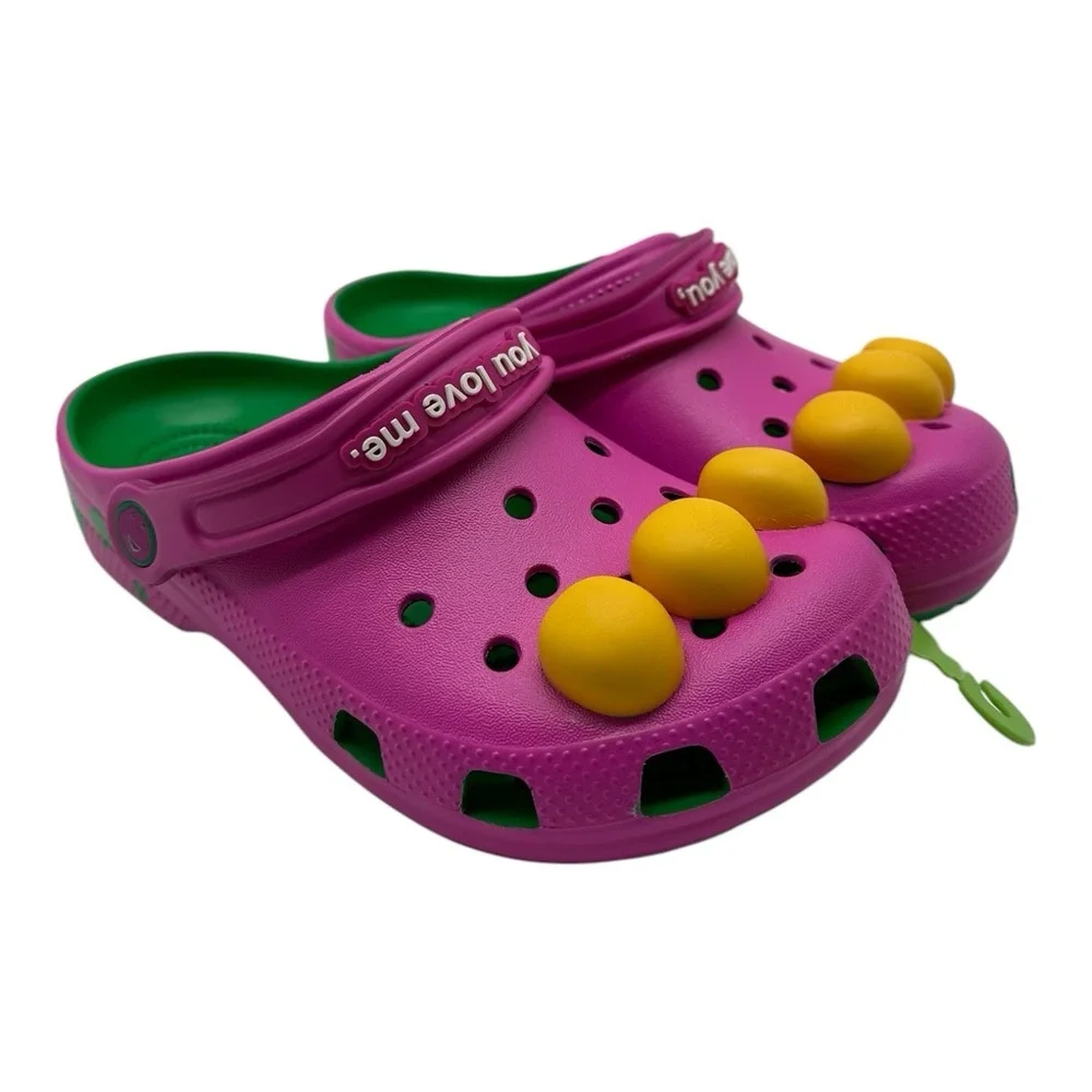 Crocs Barney Classic‎ Clogs KIDS Size J 2 Slip On Shoes I Love You You Love Me