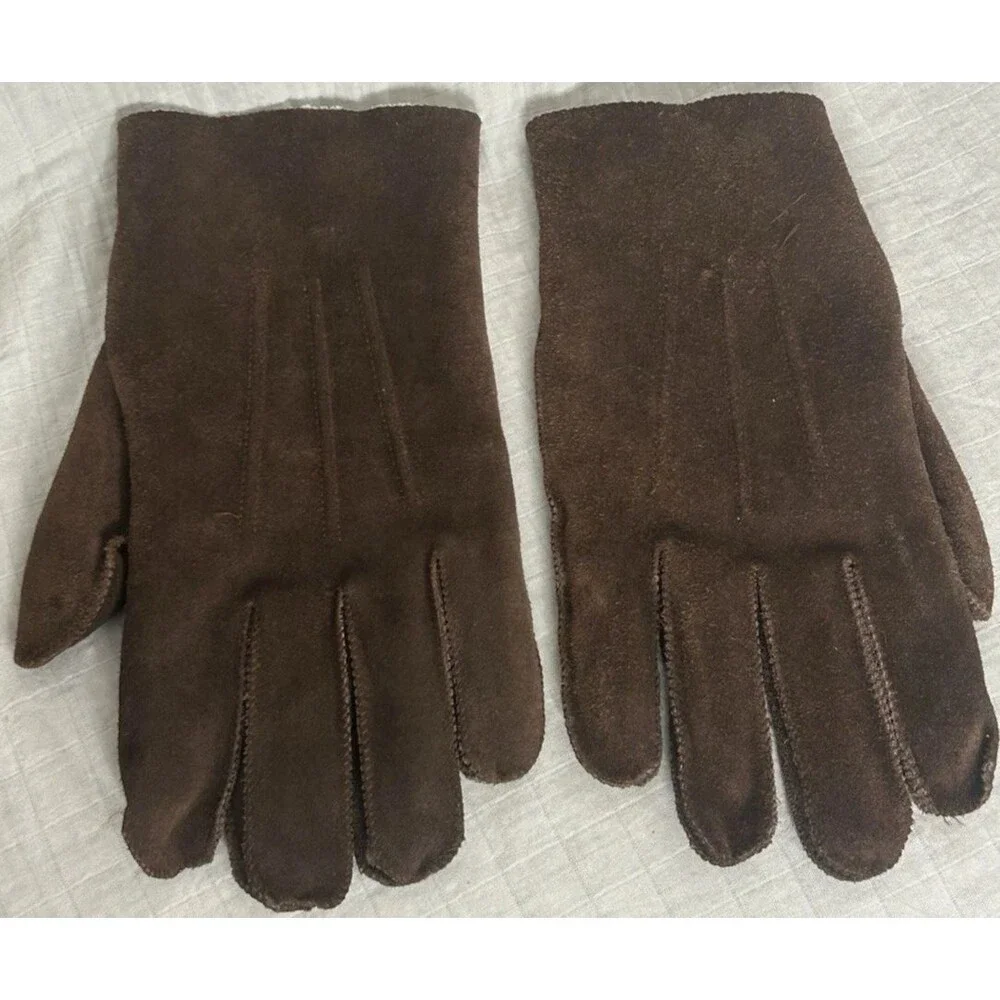 Brown Suede Gloves Size Large Faux Fur Lining Wrist Warm Made in Korea