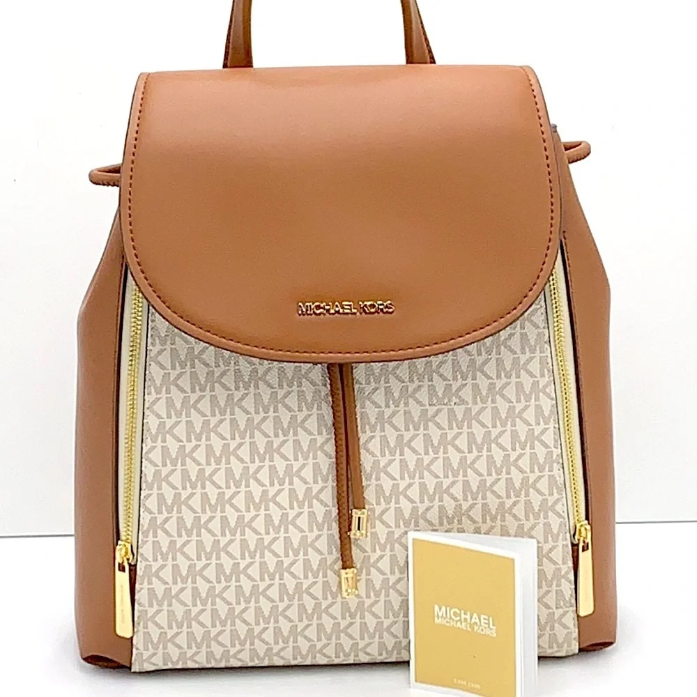 MICHAEL KORS PHOEBE MEDIUM DRAWSTRING BACKPACK VANILLA/ BROWN SIGNATURE COLOR