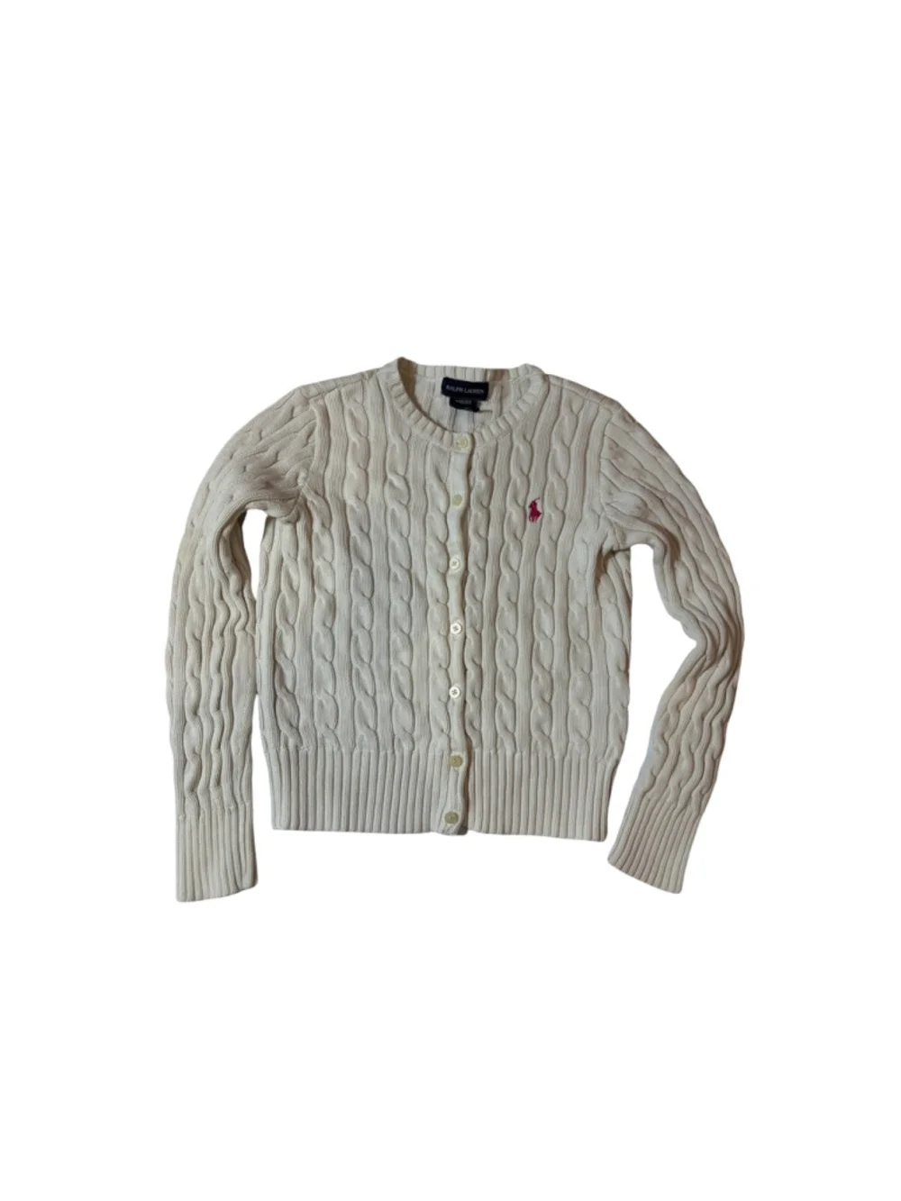 Ralph Lauren Girls Cable Knit Cardigan M 8 10 White Pink Pony Cotton Sweater