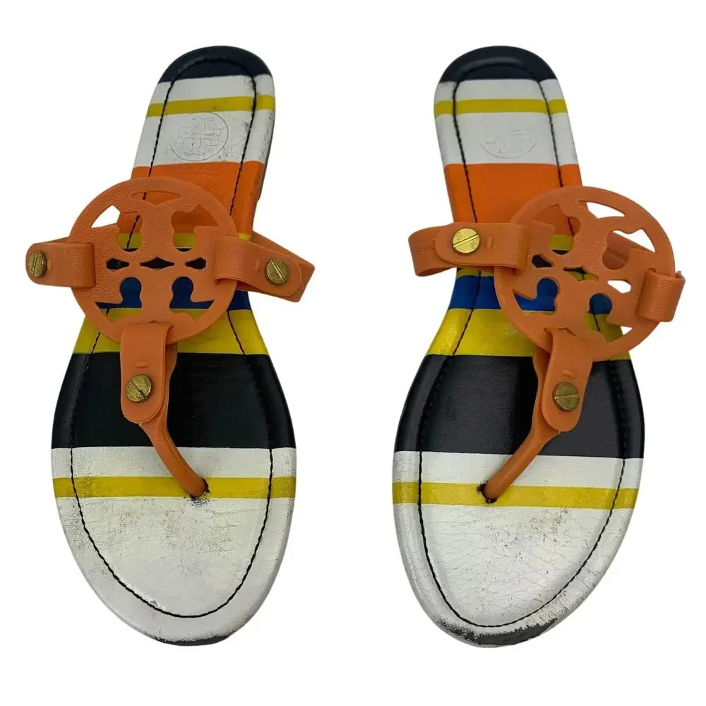 Tory Burch Miller Womens 9.5 Striped Sandals Balloon Stripe Colorful Flip Flops