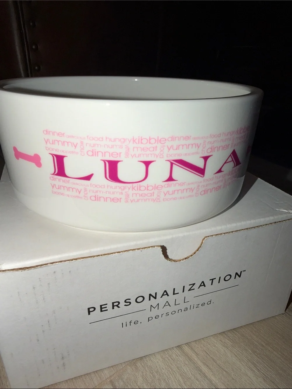 Personalized White Ceramic Pet Bowl - Pink 