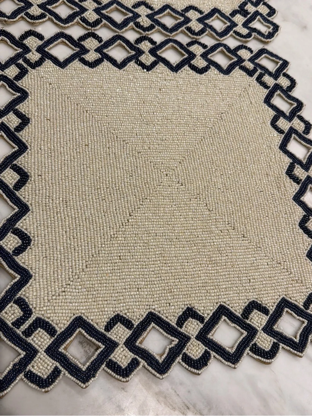 Pier 1 White Blue Geometrical Beaded Mediterranean 14.5