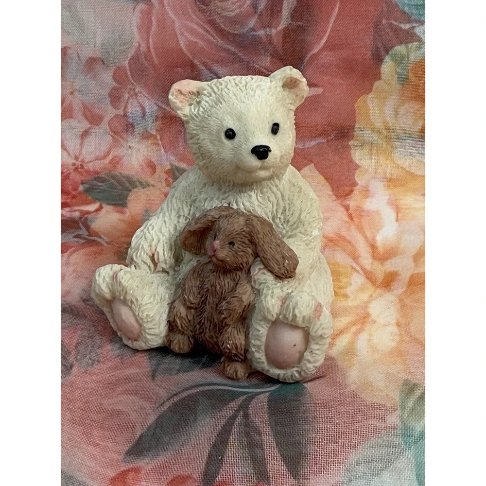 Vintage Ceramic Teddy Bear Figurine Holding Rabbit Mini Animal‎ 2.5