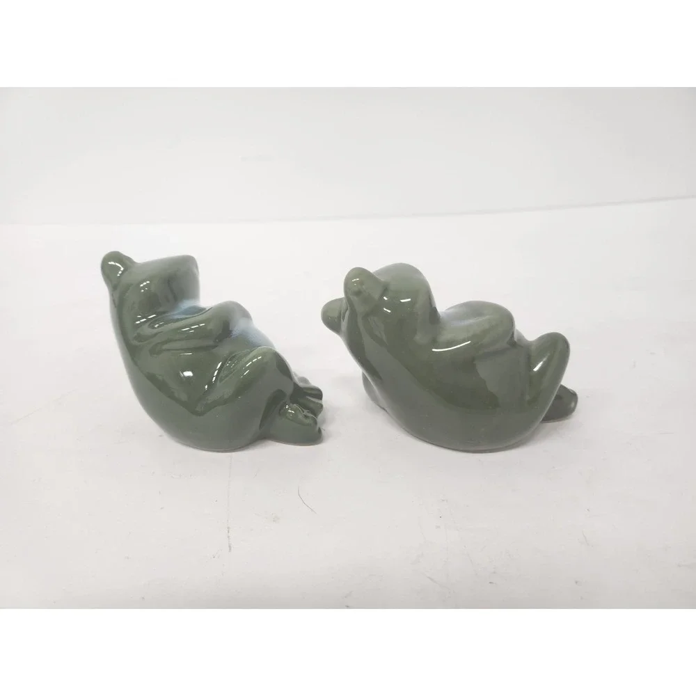 Vintage Green Ceramic Glazed Frog Figurine Toad Garden Home Decor Pair of 2